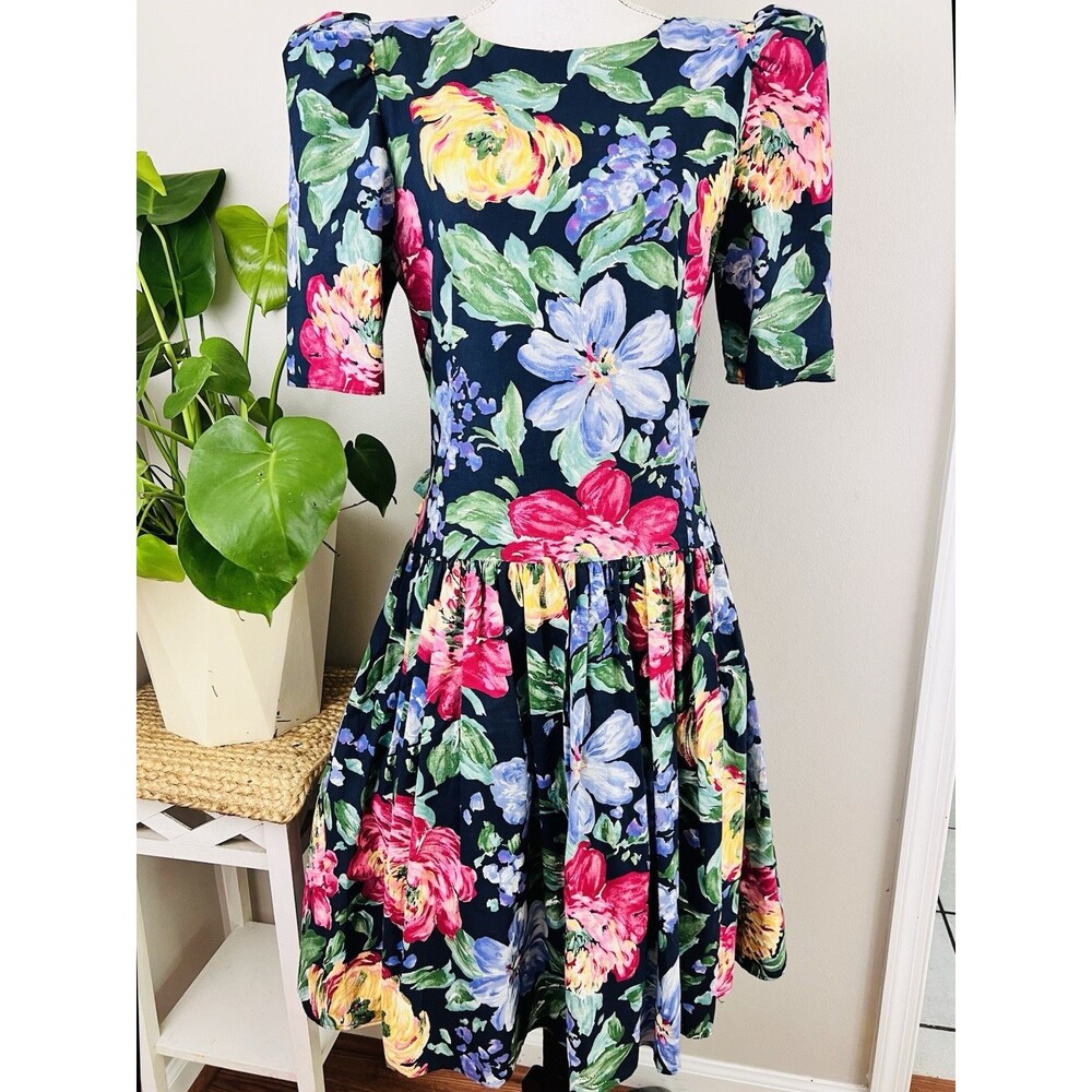 Vtg 80s Floral Drop Waist Dress Puff Sleeve Cottagecore Sz M/13 Made Costa Rica